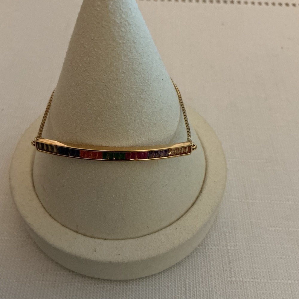 Rainbow Color Rhinestone Bar Style Gold Tone Bolo Bracelet